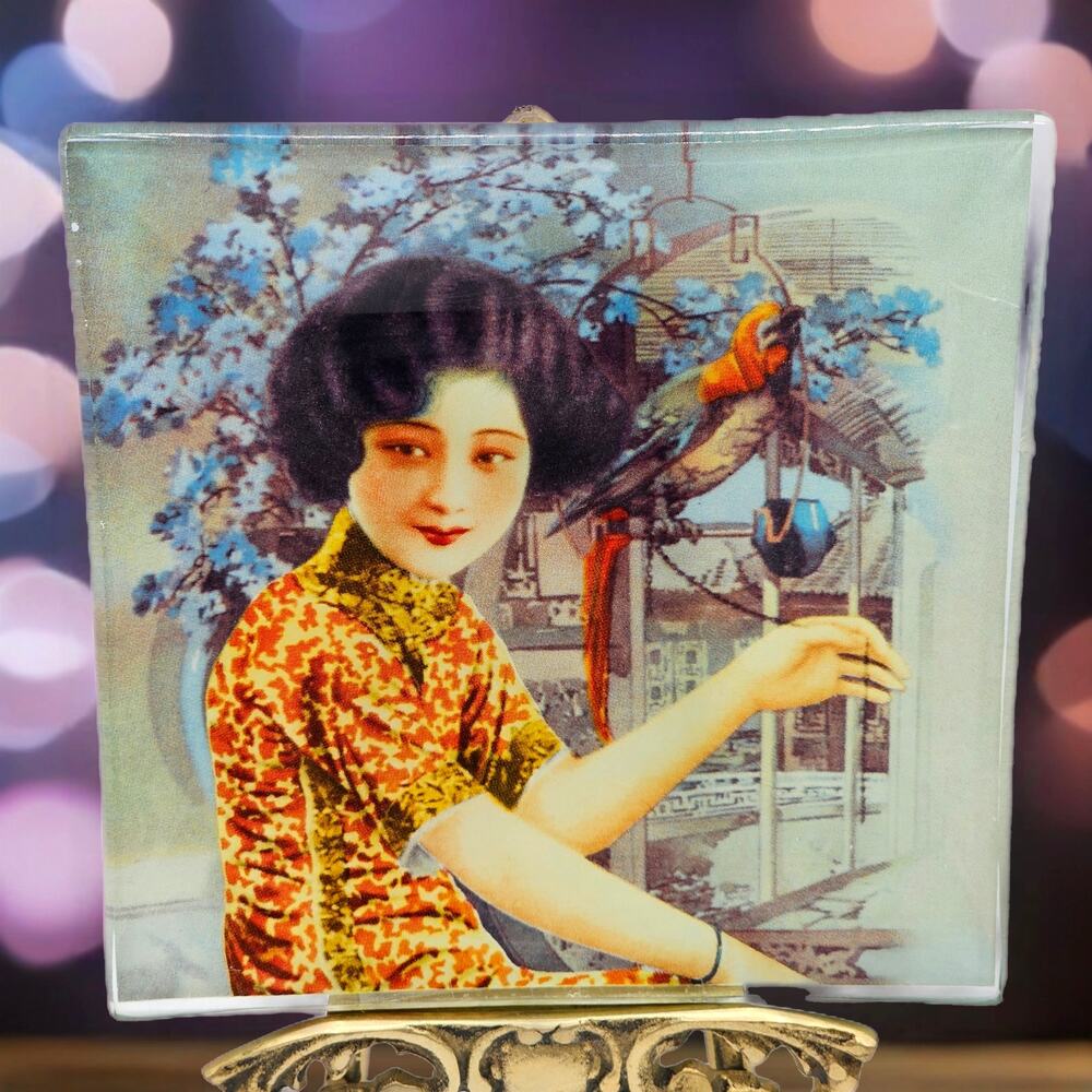 Vintage Reverse Image Glass Art Tile Oriental Woman Bird Asian Decor Panel